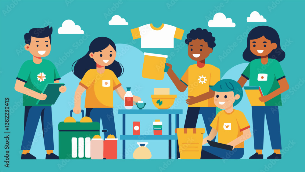 A group of students designing and selling school merchandise such as tshirts and water bottles to raise funds for classroom renovations and upgrades.. Vector illustration A group of students designing and selling school merchandise such as tshirts and water bottles to raise funds for classroom renovations and upgrades.. Vector illustration