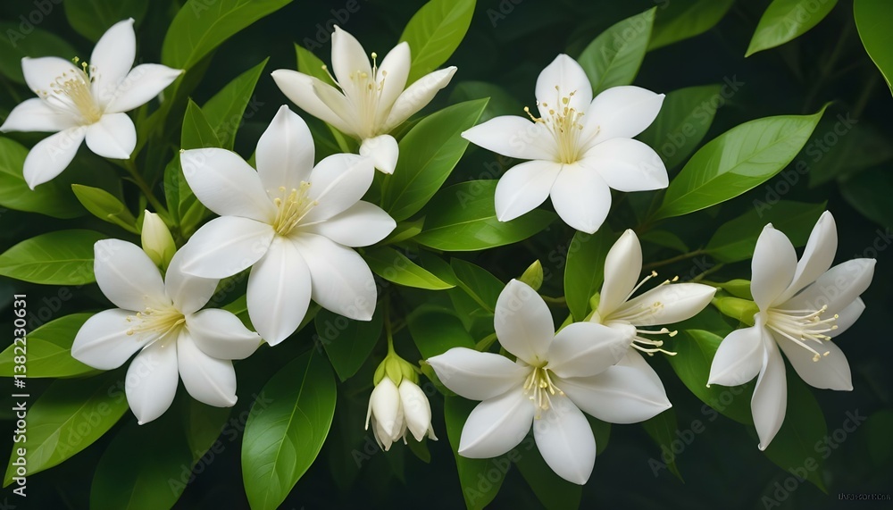 Close-up shot of a cluster of white jasmine flowers with five petals each, set against a backdrop of glossy green leaves Close-up shot of a cluster of white jasmine flowers with five petals each, set against a backdrop of glossy green leaves