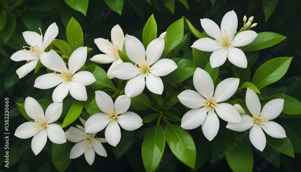 Obraz premium Close-up shot of a cluster of white jasmine flowers with five petals each, set against a backdrop of glossy green leaves