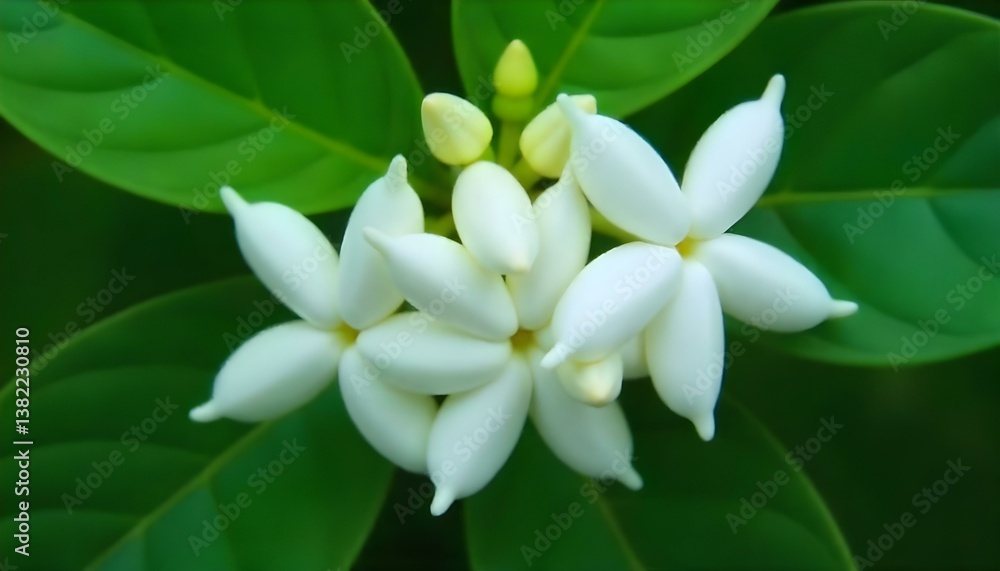 Fototapeta premium Close-up shot of a cluster of white jasmine flowers with five petals each, set against a backdrop of glossy green leaves