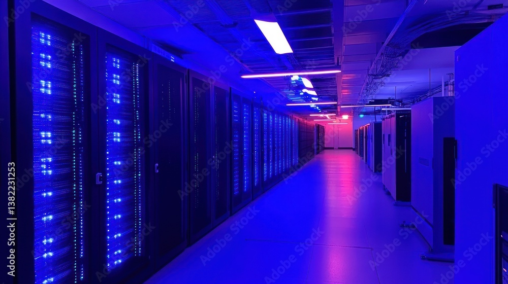 Futuristic data center illuminated with vibrant neon and blue hues providing secure IT solutions Futuristic data center illuminated with vibrant neon and blue hues providing secure IT solutions