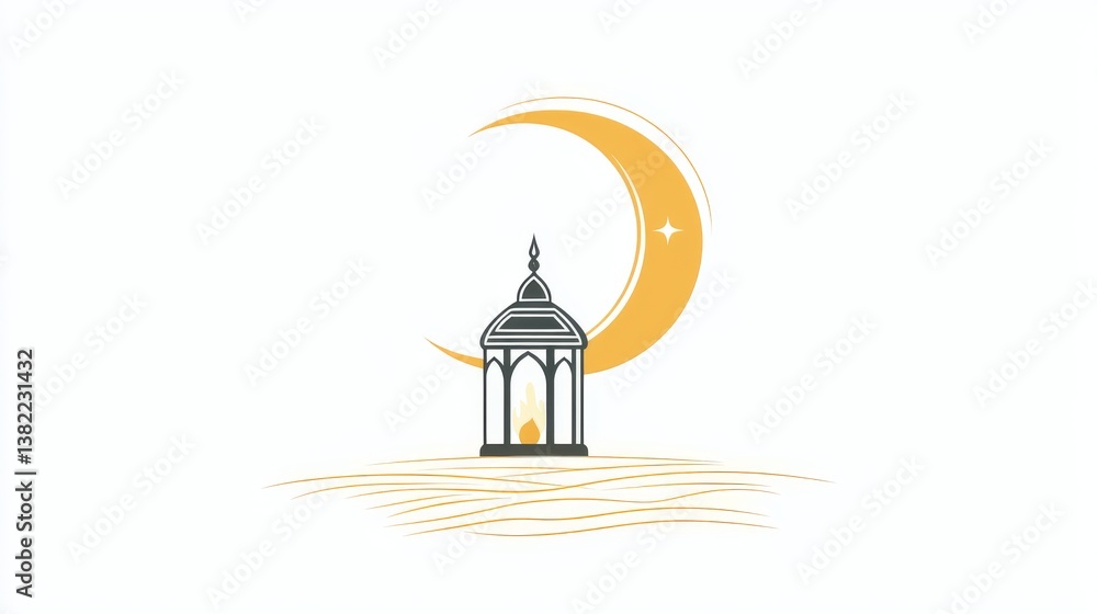 Obraz premium One continuous line drawing lantern on moon icon for islamic new year celebration. Happy Islamic new Year. Single line draw design vector graphic illustration.