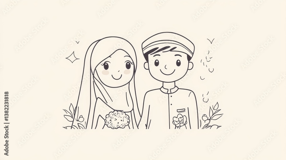 Continuous one line drawing Happy muslim bride and groom in wedding dress. Wedding Concept. Single line draw design vector graphic illustration. Continuous one line drawing Happy muslim bride and groom in wedding dress. Wedding Concept. Single line draw design vector graphic illustration.