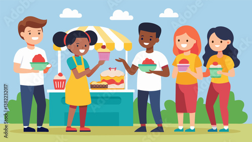 A group of students hosting a fundraising event such as a bake sale or car wash to raise money for a charity that supports their community.. Vector illustration