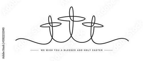 Continuous handwitten line design three crosses on a white background. We wish you a blessed and holy Easter