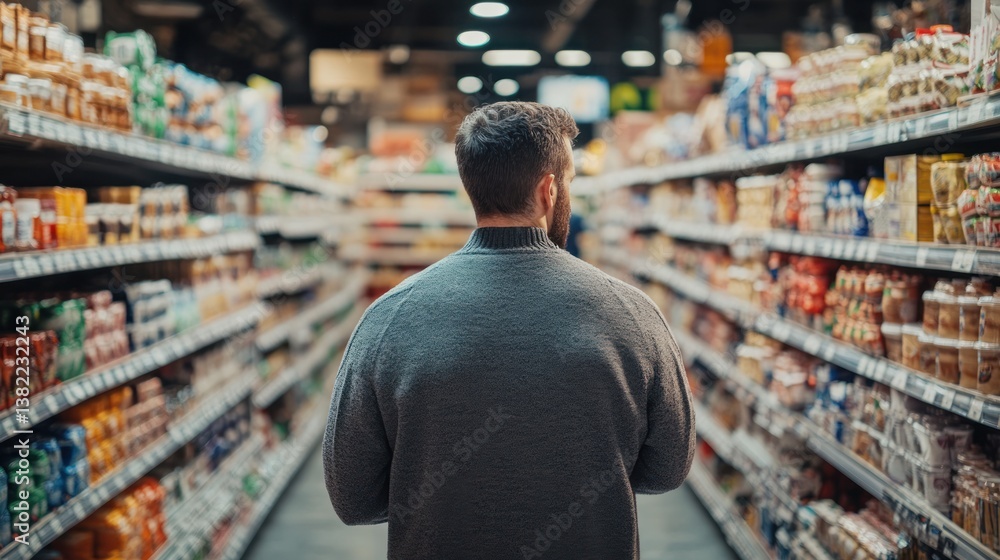 A man navigating the aisles of a grocery store looking at items on the shelves A man navigating the aisles of a grocery store looking at items on the shelves