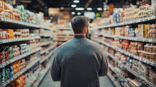 A man navigating the aisles of a grocery store looking at items on the shelves