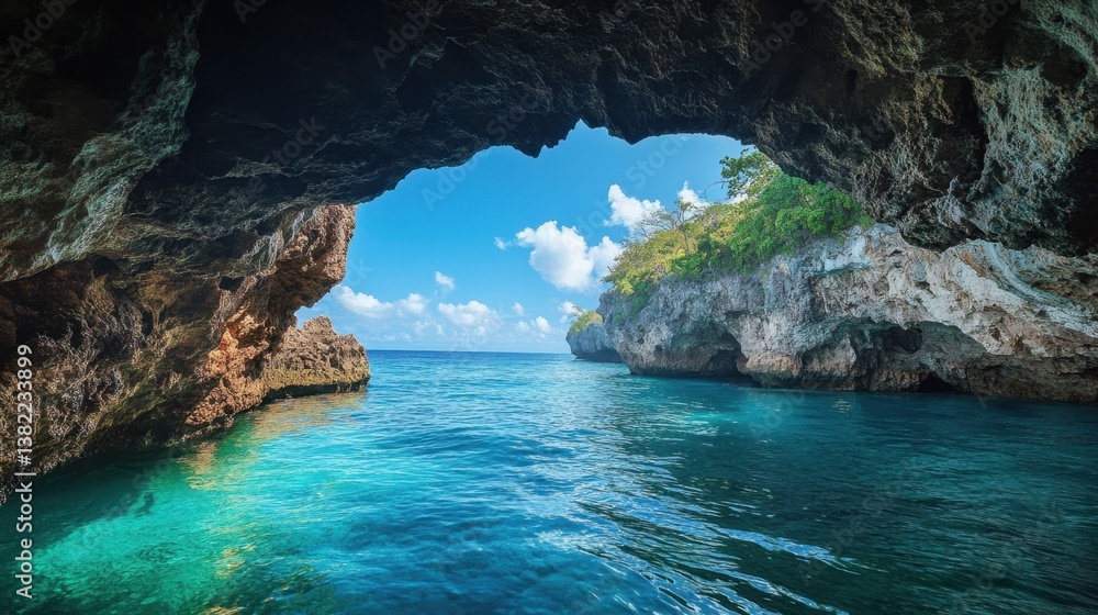 Breathtaking cave view showcasing shimmering turquoise waters under a bright sky, capturing adventure and tranquility in one frame. Breathtaking cave view showcasing shimmering turquoise waters under a bright sky, capturing adventure and tranquility in one frame.