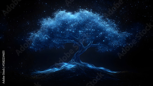 Abstract tree formed from flowing, swirling blue particles resembling smoke or energy against black background with scattered white stars/dots