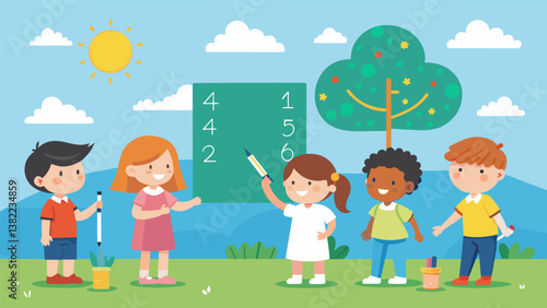 A group of first graders outside on a sunny day using chalk to draw number lines and hop from one number to the next as they practice counting and number order.. Vector illustration