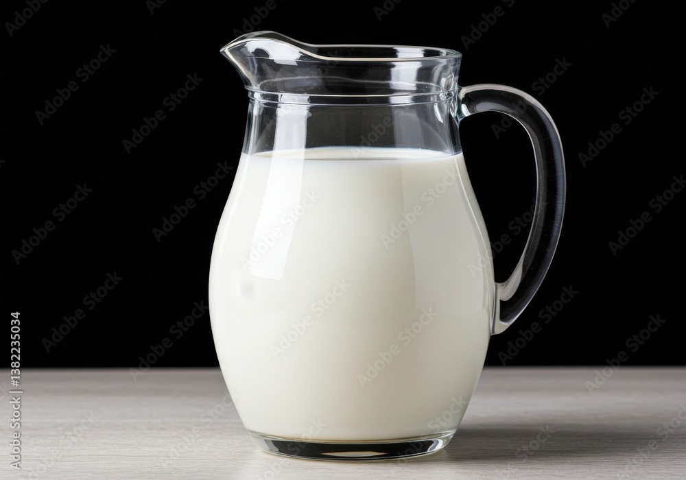 A clear glass pitcher filled with fresh white milk sits on a white surface against a black background A clear glass pitcher filled with fresh white milk sits on a white surface against a black background