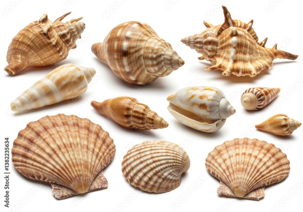 An assortment of seashells displayed on a white background with varying shapes and sizes present clearly An assortment of seashells displayed on a white background with varying shapes and sizes present clearly