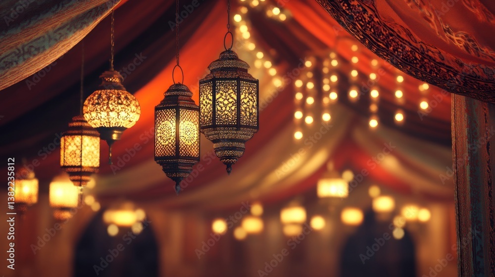 Obraz premium Enchanting Ramadan Celebration: Festive Tent Adorned with Decorative Lanterns and Glowing Lights