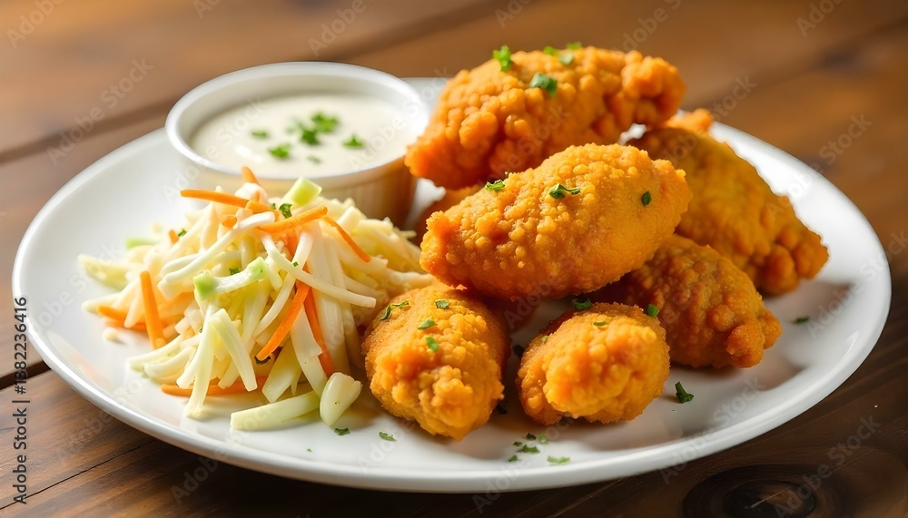 A studio shot of a plate of fried chicken bites, coleslaw, and a bowl of sauce. The chicken bites are golden brown and crispy A studio shot of a plate of fried chicken bites, coleslaw, and a bowl of sauce. The chicken bites are golden brown and crispy