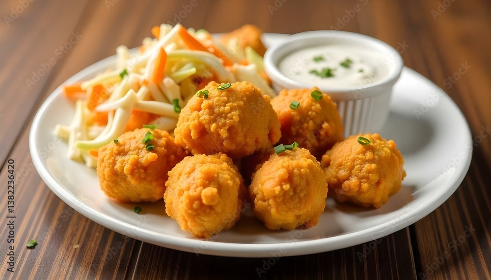 A studio shot of a plate of fried chicken bites, coleslaw, and a bowl of sauce. The chicken bites are golden brown and crispy A studio shot of a plate of fried chicken bites, coleslaw, and a bowl of sauce. The chicken bites are golden brown and crispy