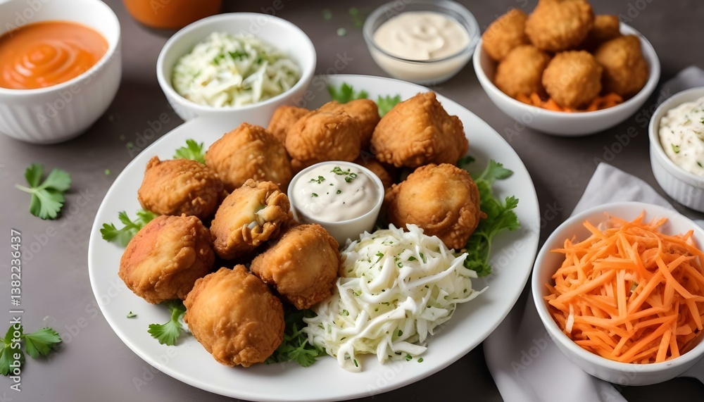 A studio shot of a plate of fried chicken bites, coleslaw, and a bowl of sauce. The chicken bites are golden brown and crispy A studio shot of a plate of fried chicken bites, coleslaw, and a bowl of sauce. The chicken bites are golden brown and crispy