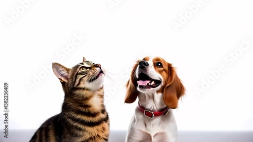 Cute Cat and Dog Looking Up Together on White Background