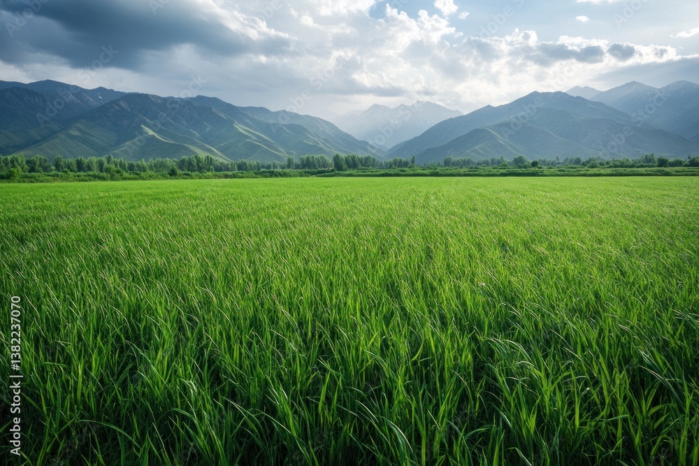 A beautiful landscape featuring mountains and a lush green field A beautiful landscape featuring mountains and a lush green field