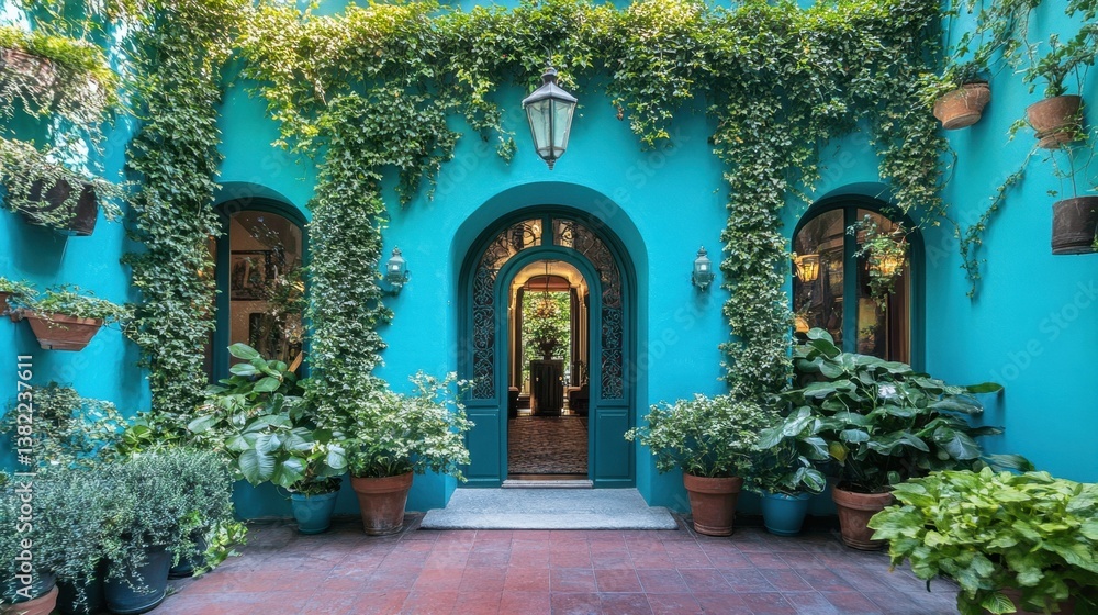 Fototapeta premium Bright turquoise entrance with ivy-covered walls and potted green plants surrounding it