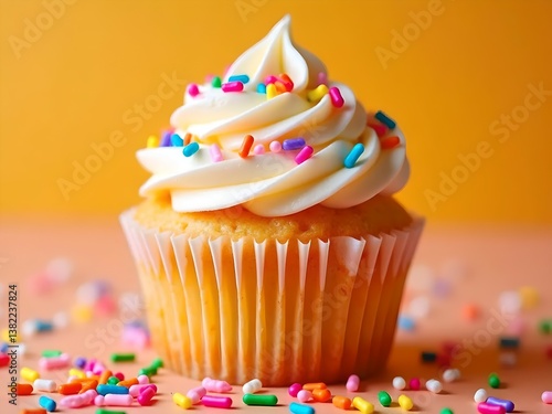 A bright and festive image of a confetti cupcake with a burst of rainbow-colored sprinkles, perfect for targeting young audiences, party supplies, or colorful food campaigns.