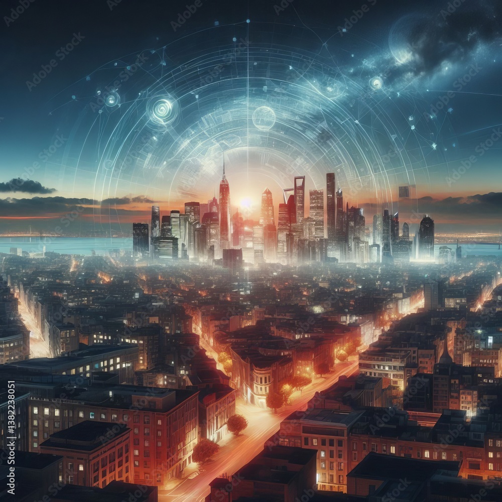Obraz premium Digital Horizons Over a Quiet Cityscape