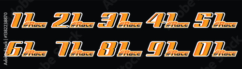 racing number set 1 to 91 in orange and text race with black background for racing, racing jersey