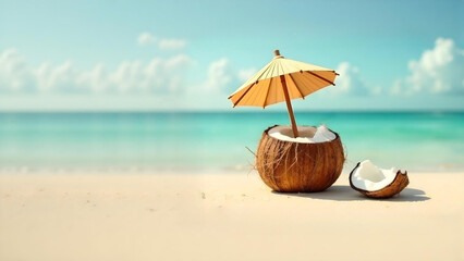 Stickers  Tropical coconut drink with an umbrella on a sunlit beach with turquoise waters and serene clouds in a vibrant paradise Generative AI  © Анастасия Мулюкова