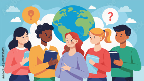 A group of students engrossed in a heated debate trying to convince one another of their answer to a particularly tricky geography question.. Vector illustration
