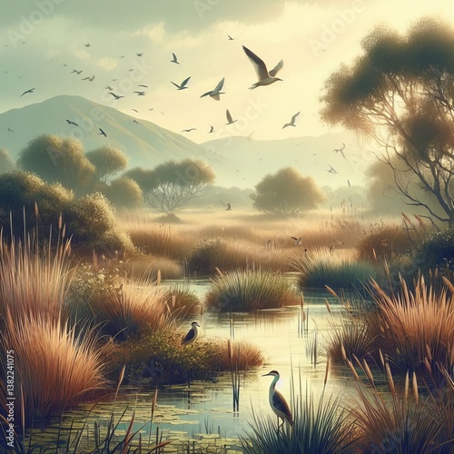 Marshy grasses reeds shallow pools birdlife abundant