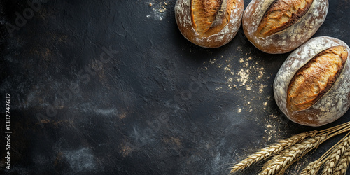 Selbstgebackenes Bio-Brot auf dunklem Schiefer-, Stein- oder Betonhintergrund, Ansicht von oben, Bannerkonzept