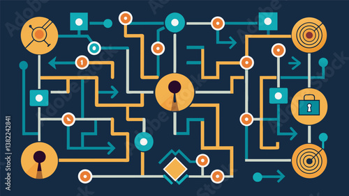A maze of interconnected nodes and pathways where data is broken down scrambled and encrypted using sophisticated algorithms.. Vector illustration