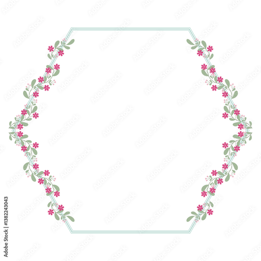 Hexagonal Wreath Border Frame Decorated With Pink And Green Floral