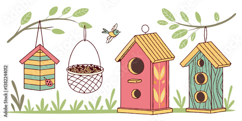 A small wooden birdhouse with a hole, nestled in a tree, offers a spring home for garden birds