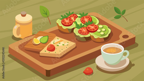 A rustic board filled with homemade granola avocado toast squares and mini frittatas.. Vector illustration