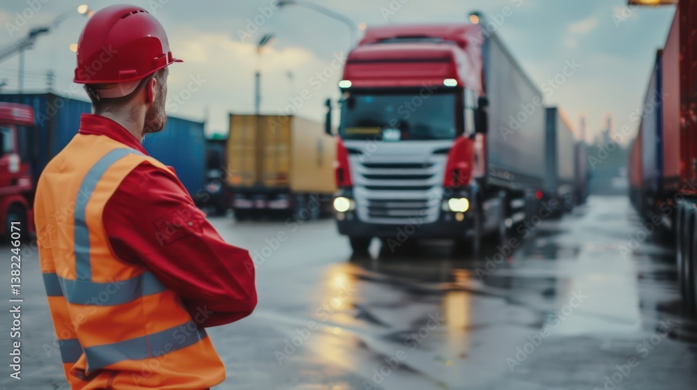 A logistics manager overseeing the loading of trucks for outbound shipments. A logistics manager overseeing the loading of trucks for outbound shipments.