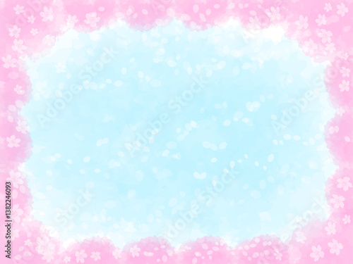 春の桜と花びらと青空イメージのテクスチャー背景素材。桜並木と桜吹雪のイメージ。