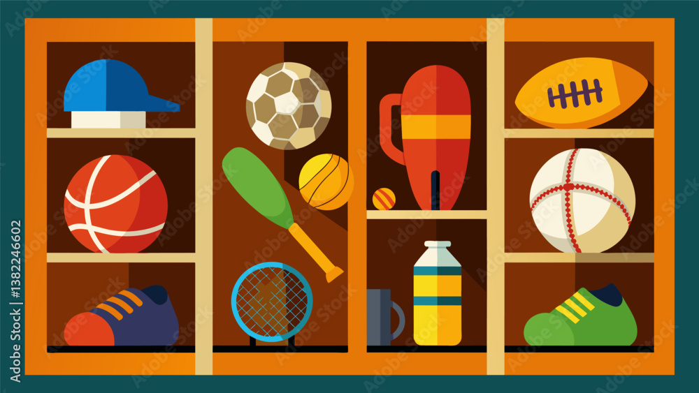 Fototapeta premium A collection of sports equipment including a baseball glove soccer ball and tennis racket arranged in a cubby hole for quick access during gym class.. Vector illustration