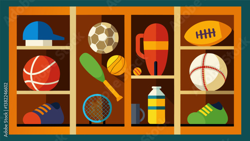 A collection of sports equipment including a baseball glove soccer ball and tennis racket arranged in a cubby hole for quick access during gym class.. Vector illustration