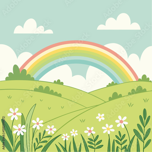 landscape with green grass and rainbow