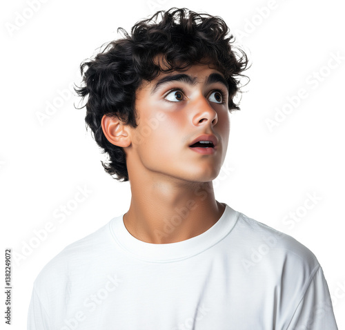 Portrait of a young Latin American male hispanic teenager college student or high school student looking surprised, side angle, facing sideways, isolated on a transparent background, cut out