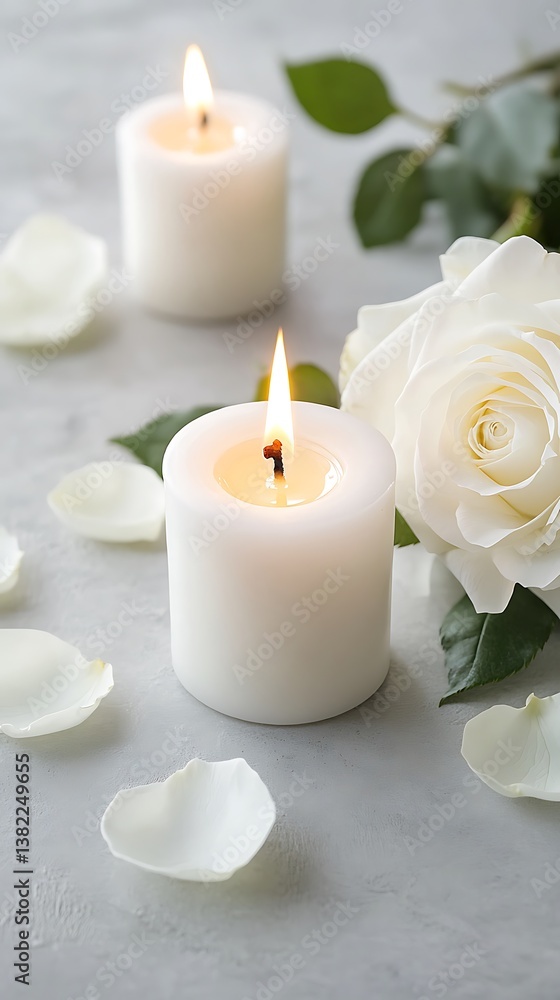 A white rose and lit candles on the table close A white rose and lit candles on the table close