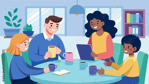 A group of parents and teachers sit in a small conference room sipping coffee and discussing ways to support a struggling student with learning disabilities.. Vector illustration