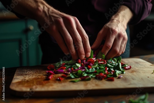 Chef's hands expertly chop fresh spinach, red and purple peppers on a rustic wooden board for a vibrant salad.