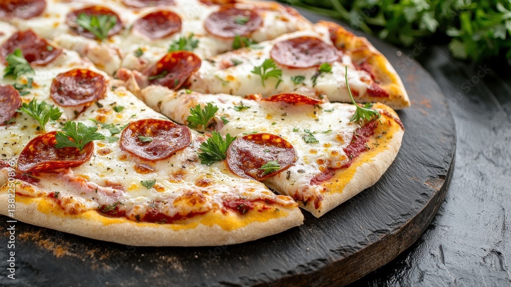 Delicious pepperoni pizza with fresh herbs on a wooden board, perfect for any meal. Delicious pepperoni pizza with fresh herbs on a wooden board, perfect for any meal.