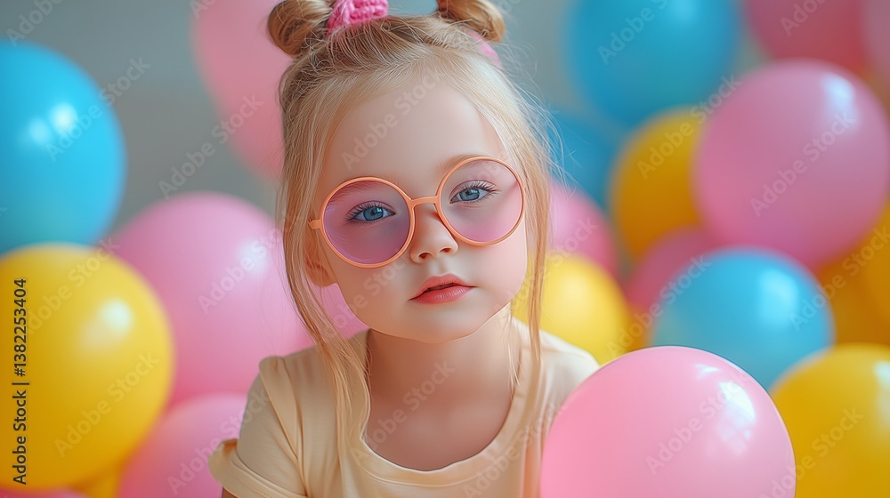 Obraz premium Young Girl with Pink Glasses and Balloons