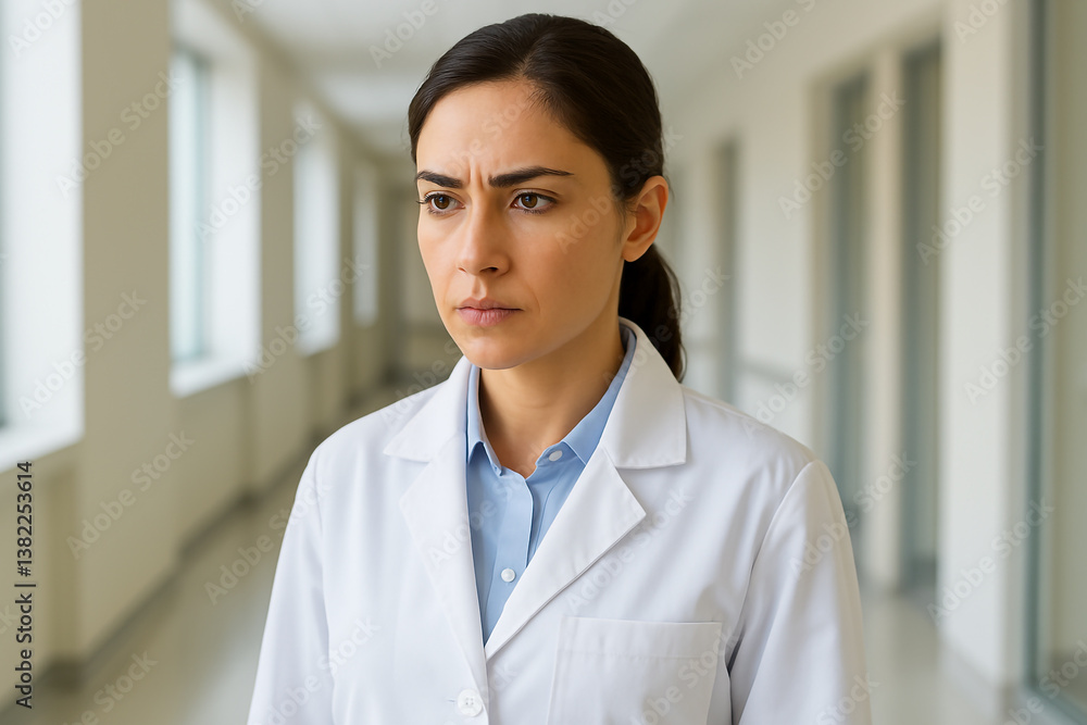 Female doctor in lab coat, standing in a hospital hallway, showing expression – focused – clean medical environment, daylight Female doctor in lab coat, standing in a hospital hallway, showing expression – focused – clean medical environment, daylight
