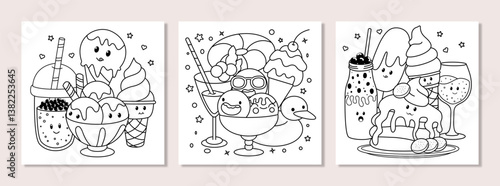 Hand drawn adorable kawaii ice cream, drinks and dessert coloring pages. Cute food coloring book illustration vector design for kids and adults.