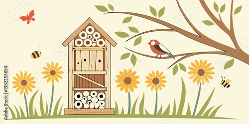 Beautiful insect hotel with bird, flying butterflies and bees in front of blooming sunflowers
