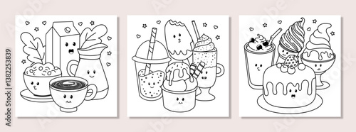 Hand drawn adorable kawaii dessert coloring pages with coffee, ice cream, pudding, cake, juice, boba milk. Cute food and drink illustration for kids and adults.