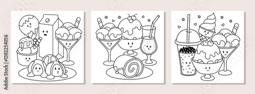 Hand drawn fun and adorable kawaii dessert coloring pages with ice cream, gelato, mochi, cake, pudding and boba milk tea. Cute sweets, drinks, and treats illustration for kids and adults.